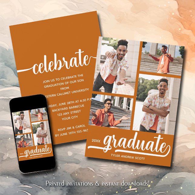 Modern 4 Photo Collage Burnt Orange Graduation Einladung (Modern 4 photo collage burnt orange graduation party invitations)