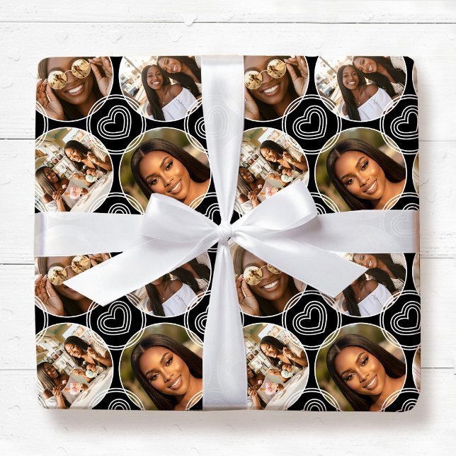 Modern 4 Photo Collage Circle Heart Pattern Black Geschenkpapier (Von Creator hochgeladen)