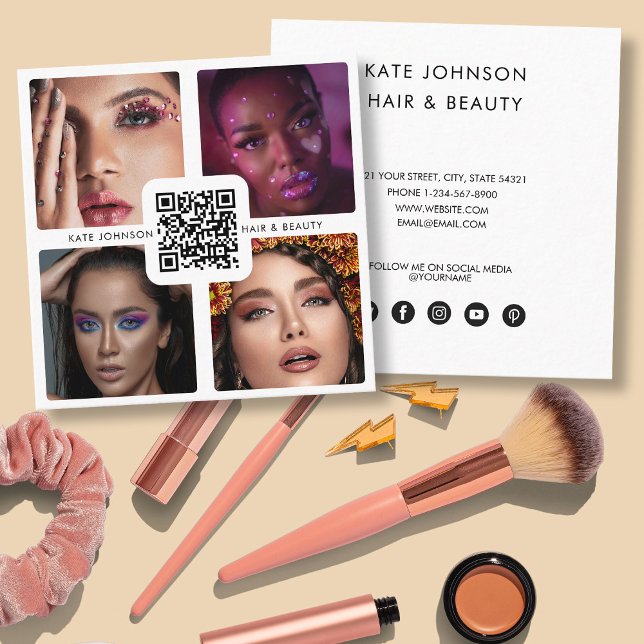 Modern 4 Photo Hair Stylist Makeup Artist QR Code Quadratische Visitenkarte (Modern 4 Photo Hair Stylist Makeup Artist QR Code Square Business Card)