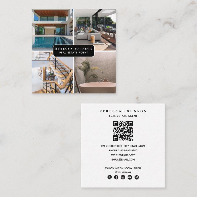 Modern 4 Photo Real Estate Agent QR Code Quadratische Visitenkarte (Vorne/Hinten)