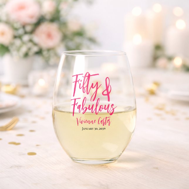 Modern 50 and Fabulous Pink 50th Birthday Party Weinglas Ohne Stiel (Fifty and Fabulous Name Date 50th Birthday Paper Wine Glass)