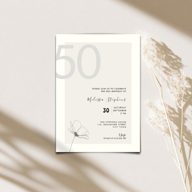 Modern 50th Birthday Invitation - Minimal Style Einladung (Elegant 50th birthday invitation for woman with hand drawn flower.)