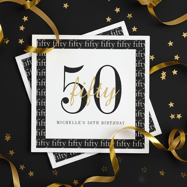 Modern 50th Birthday Party Black And White  Serviette (Von Creator hochgeladen)