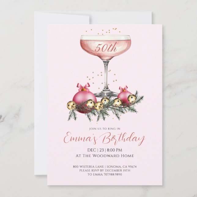 Modern 50th Christmas Birthday Party Blush Pink Einladung (Vorderseite)