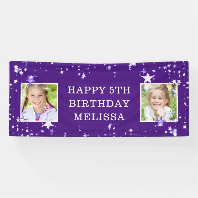 Modern 5th Birthday Lila Stars Foto name Banner (Horizontal)