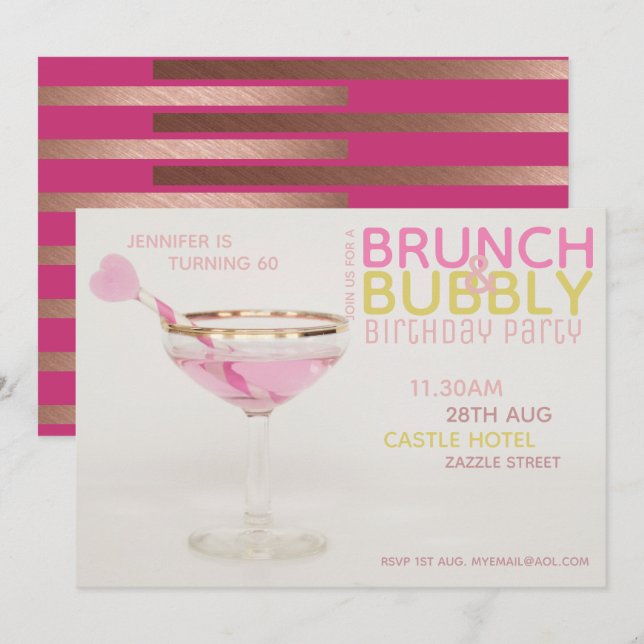 Modern 60. BRUNCH BUBBLY Einladung PINK GOLD (Vorne/Hinten)