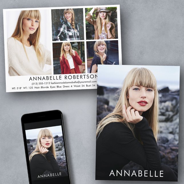 Modern 6 Foto Fashion Modeling Model Comp Card Einladung (Customize to change background color, text size or text style. Available for prints and download.)