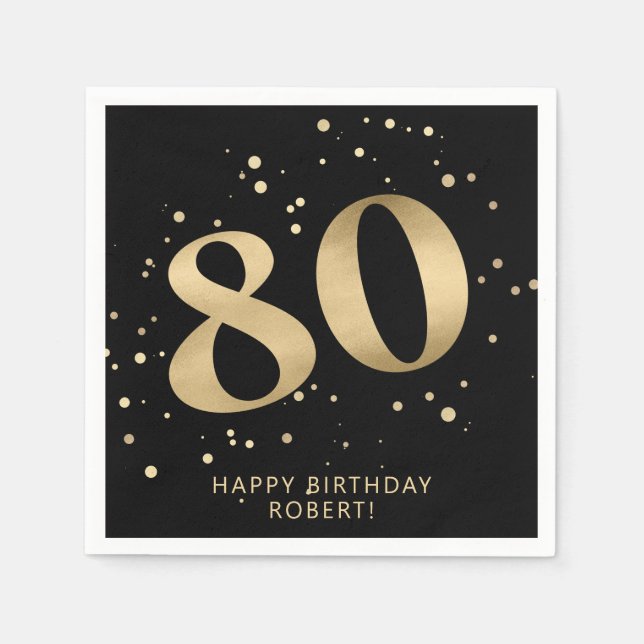 Modern 80th Eighty Birthday | Black Gold Glitter  Serviette (Vorderseite)
