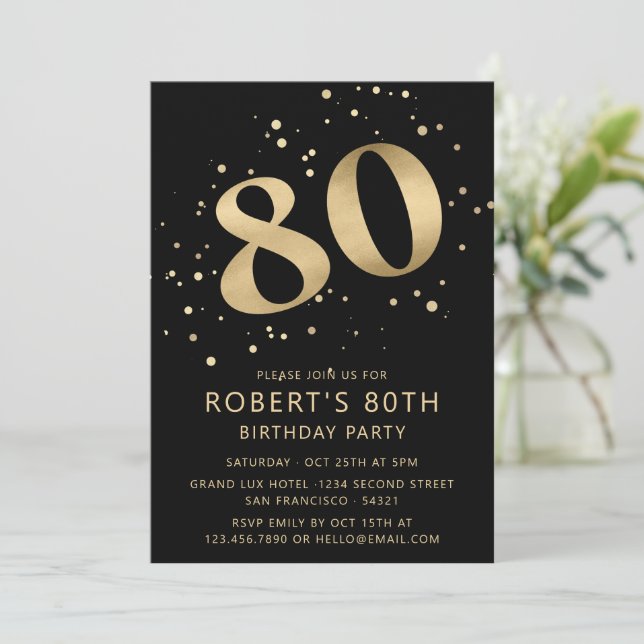 Modern 80th Eighty Birthday Photo Gold Glitter Einladung (Stehend Vorderseite)