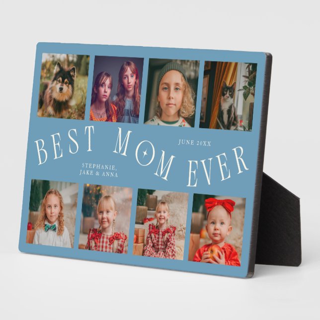 Modern 8 Photo Collage Best Mom Ever Denim Blue Fotoplatte (Seite)
