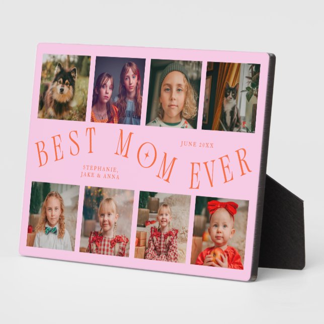 Modern 8 Photo Collage Best Mom Ever Orange Pink Fotoplatte (Seite)