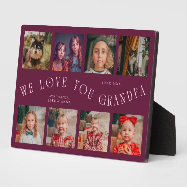 Modern 8 Photo Grid Love You Grandpa Cranberry Fotoplatte (Seite)