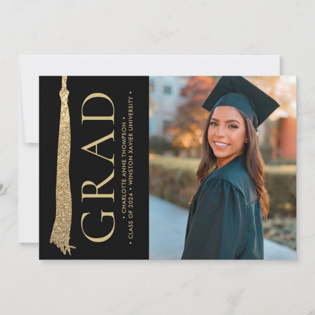 Modern Abschluss Foto Gold Black Grad Tassel Einladung (Vorderseite)