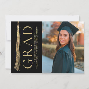 Modern Abschluss Foto Gold Black Grad Tassel Einladung