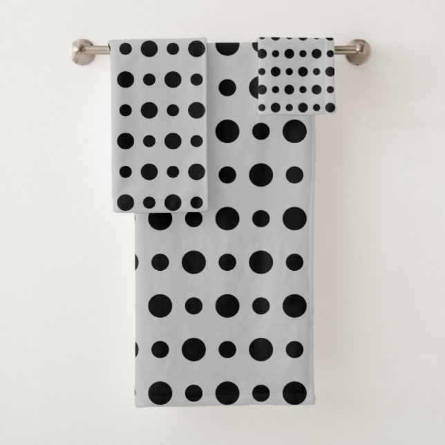 Modern Abstract Black Polka Dots on Silver Gray Badhandtuch Set (Insitu)