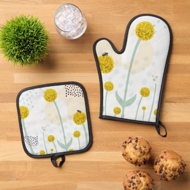 Modern Abstract Botanical Yellow Billy Button Ofenhandschuh & Topflappen-Set (Oben Unten)