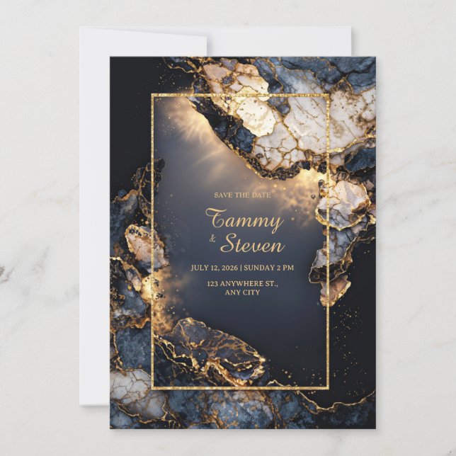 Modern Abstract Dark Navy Gilded Geode Wedding Einladung (Vorderseite)