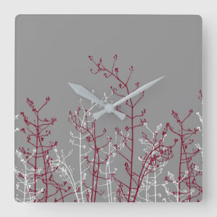 Modern Abstract Elegant Burgundy Flowers on Grey Quadratische Wanduhr