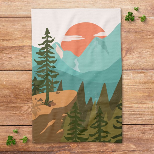 Modern Abstract Forest, Mountains, and Sunrise Geschirrtuch (In siitu)