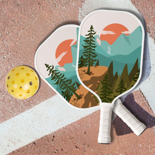 Modern Abstract Forest, Mountains, and Sunrise Pickleball Schläger (In situ)