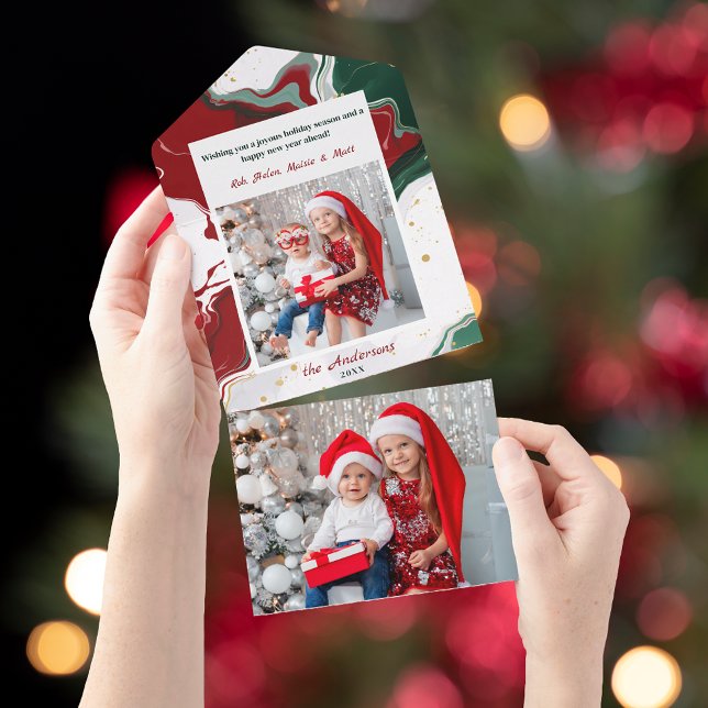 Modern Abstract Green/Red Christmas Photo All In One Einladung (Von Creator hochgeladen)