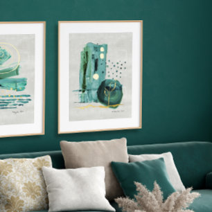 Modern Abstrakt Boho Style Green n Gold Aquarell Foliendrucke