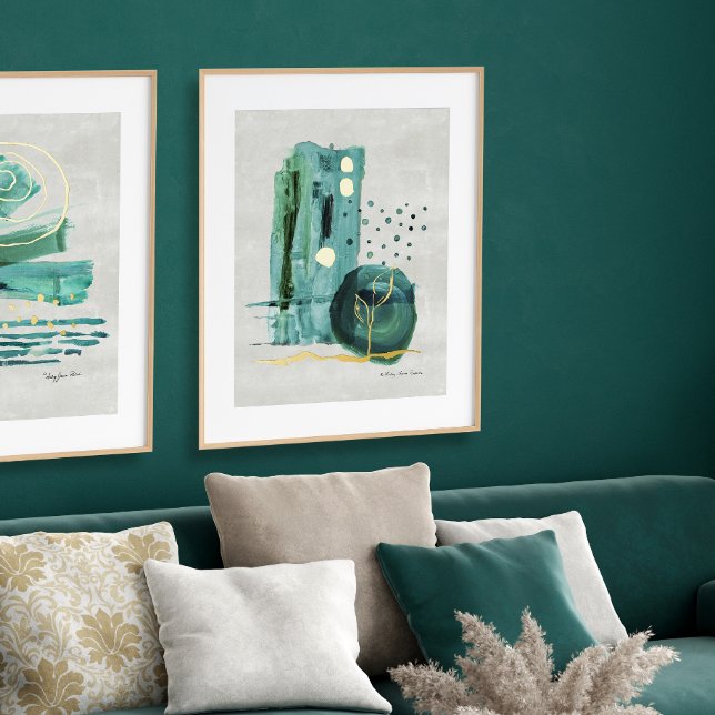Modern Abstrakt Boho Style Green n Gold Aquarell Foliendrucke (Von Creator hochgeladen)