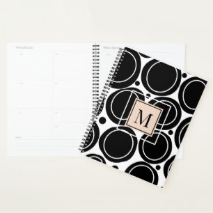 Modern Abstraktes Schwarz-weiß-Blütenrosa Monogram Planer