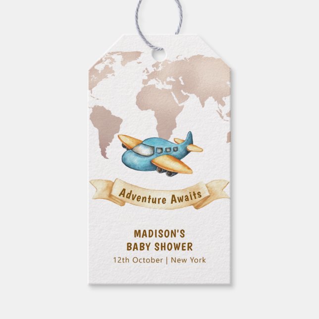 Modern Adventure World Map Airplane Baby Shower  Geschenkanhänger (Vorderseite)