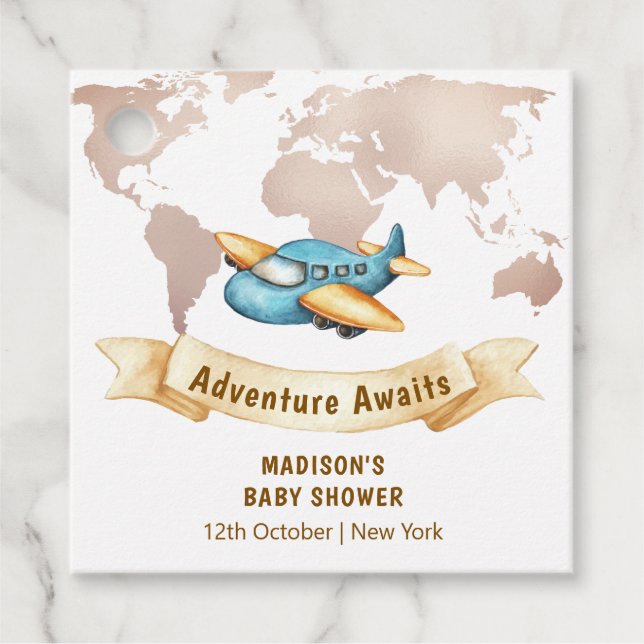 Modern Adventure World Map Airplane Baby Shower  Geschenkanhänger (Vorderseite)
