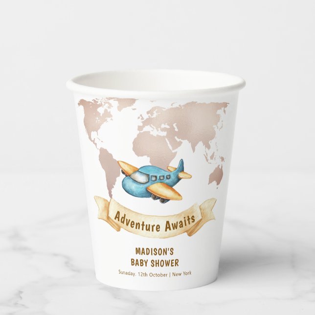 Modern Adventure World Map Airplane Baby Shower  Pappbecher (Vorderseite)
