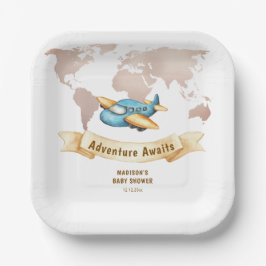 Modern Adventure World Map Airplane Baby Shower Pappteller