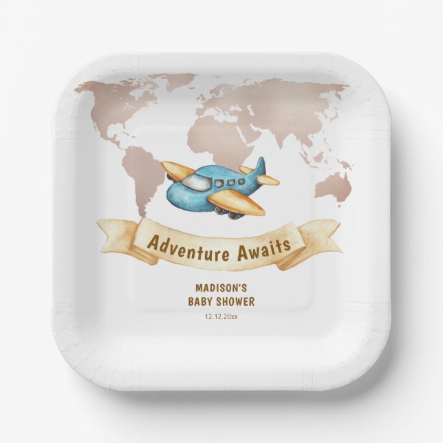 Modern Adventure World Map Airplane Baby Shower  Pappteller (Vorderseite)