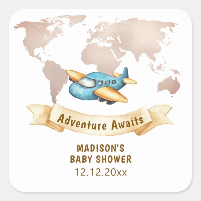Modern Adventure World Map Airplane Baby Shower  Quadratischer Aufkleber (Vorderseite)