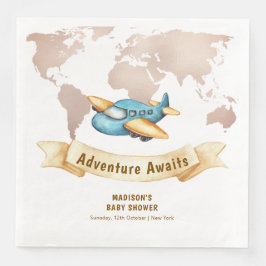 Modern Adventure World Map Airplane Baby Shower Serviette