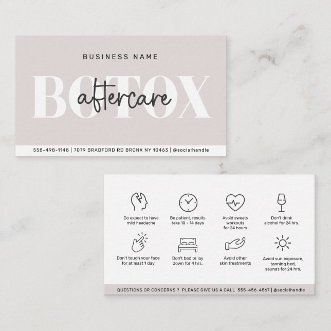 Modern Aftercare Botox Instructions Business Card Visitenkarte (Vorne/Hinten)