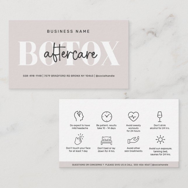 Modern Aftercare Botox Instructions Business Card Visitenkarte (Vorne/Hinten)