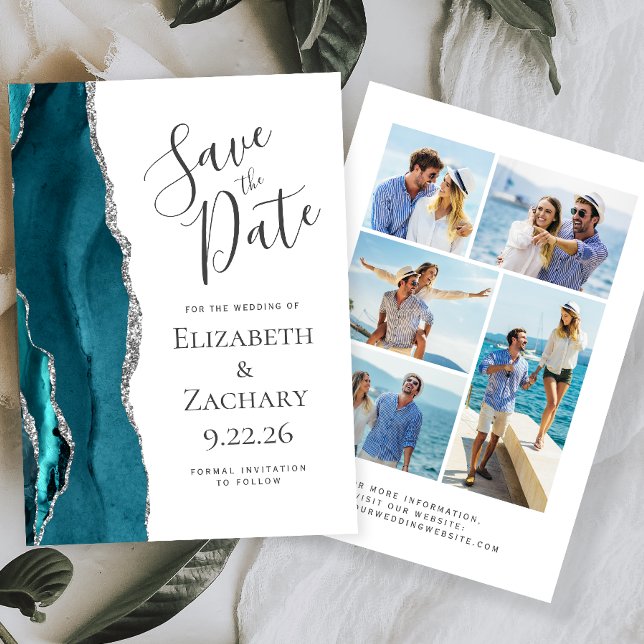 Modern Agate Aquamarin Silver 5-Foto Save the Date Einladung (Von Creator hochgeladen)