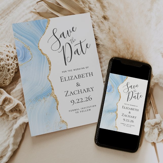 Modern Agate Baby Blue Gold Save the Date Card Einladung (Von Creator hochgeladen)
