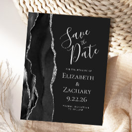 Modern Agate Black Silver Dark Save the Date Ankündigungspostkarte