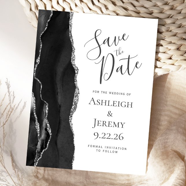 Modern Agate Black Silver Save the Date Ankündigungspostkarte (Von Creator hochgeladen)