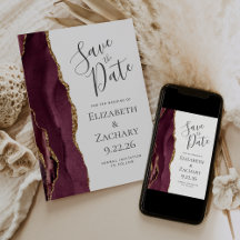 Modern Agate Burgundy Gold Save the Date Card