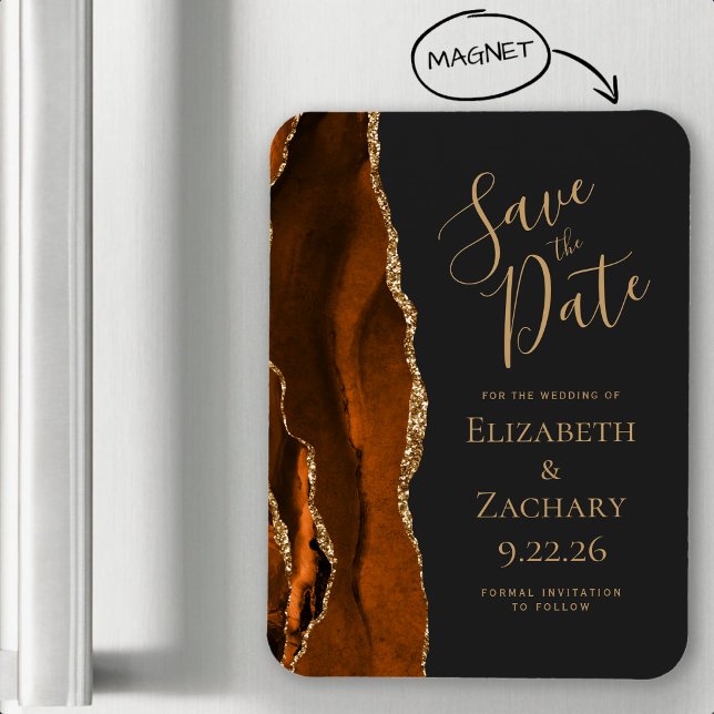 Modern Agate Burnt Orange Gold Dark Save the Date Magnet (Von Creator hochgeladen)