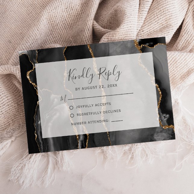 Modern Agate Frame Black Gold Wedding RSVP Karte (Von Creator hochgeladen)