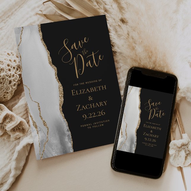 Modern Agate Gray White Gold Dark Save the Date Ankündigung (Von Creator hochgeladen)