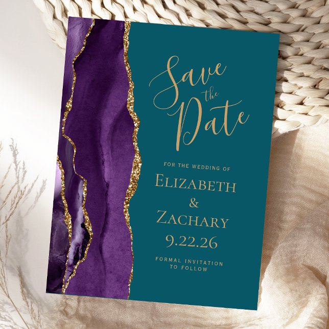 Modern Agate Lila Gold Save the Date Aquamarin Ankündigungspostkarte (Von Creator hochgeladen)