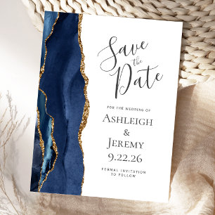 Modern Agate Navy Blue Gold Blank Save the Date Postkarte