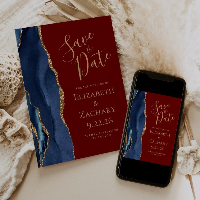 Modern Agate Navy Blue Gold Burgundy Save the Date Einladung (Von Creator hochgeladen)
