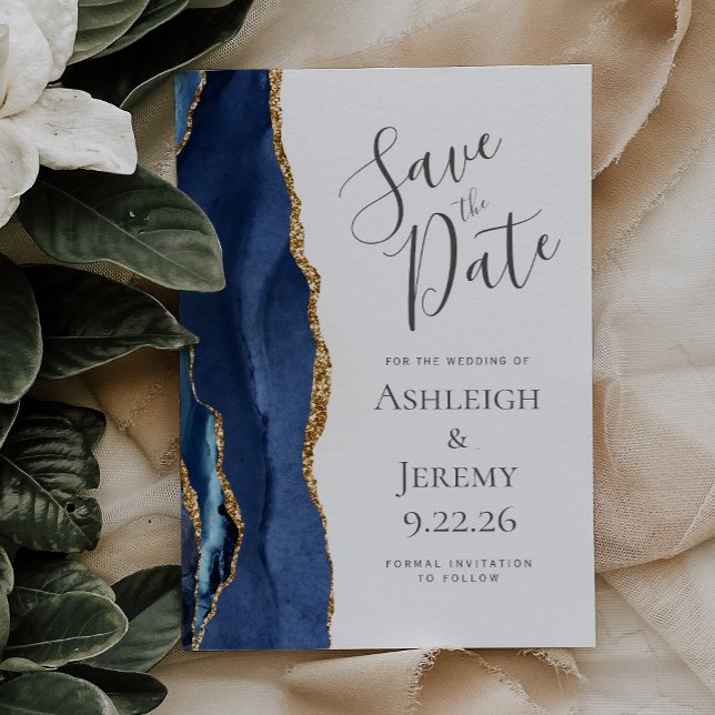 Modern Agate Navy Blue Gold Save the Date (Von Creator hochgeladen)