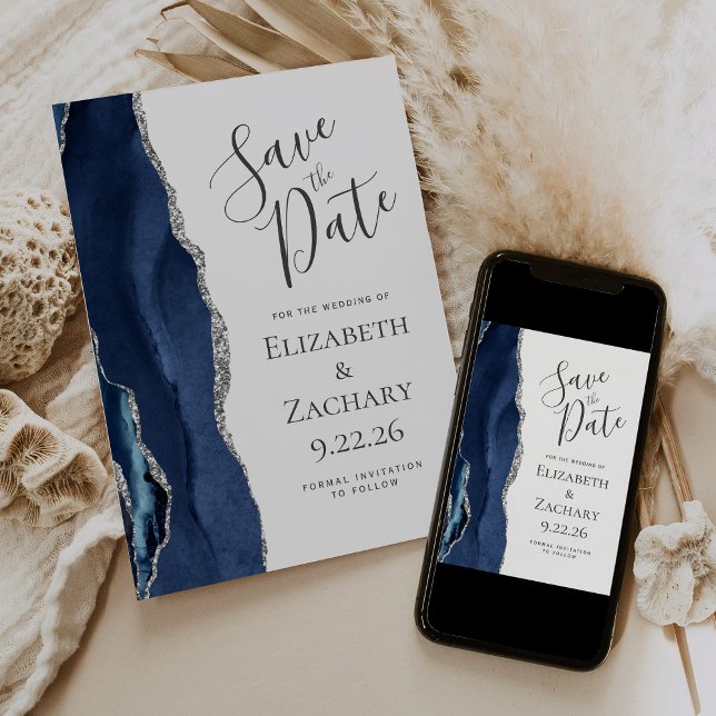 Modern Agate Navy Blue Silver Save the Date Card Einladung (Von Creator hochgeladen)